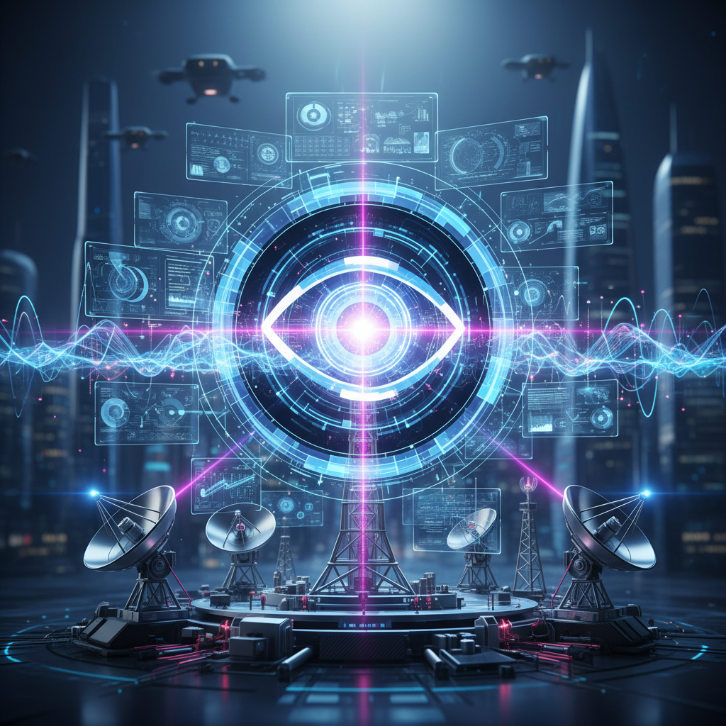 A 1200x1200 futuristic image representing Vision with a glowing eye or abstract future-view icon at the center. The icon is surrounded by holographic screens, digital waves, and advanced broadcast equipment, symbolizing foresight and innovation. Soft blue and violet lighting, cinematic depth, premium tech aesthetic, ultra-realistic, no text, no logo.