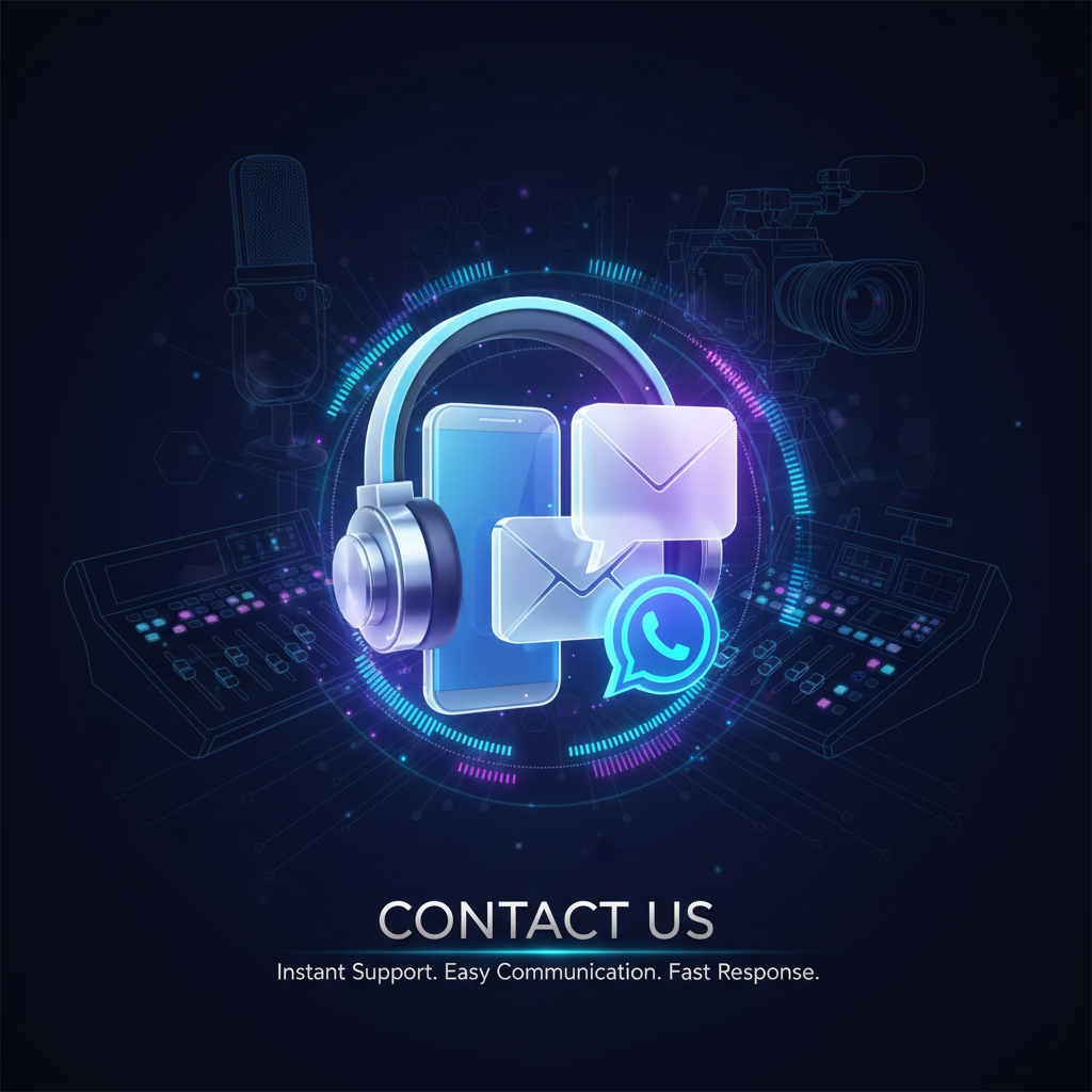 A highly attractive and premium 1200x1200 square image for a “Contact Us” section of a professional video, audio, and broadcast technology company. A bold futuristic communication icon at the center combining a glowing headset, phone, chat bubble, email, and WhatsApp-style message symbol in a modern 3D design. Soft animated light pulses and digital signal waves flow outward, representing instant support, easy communication, and fast response. Surrounding elements subtly include advanced broadcast and stream