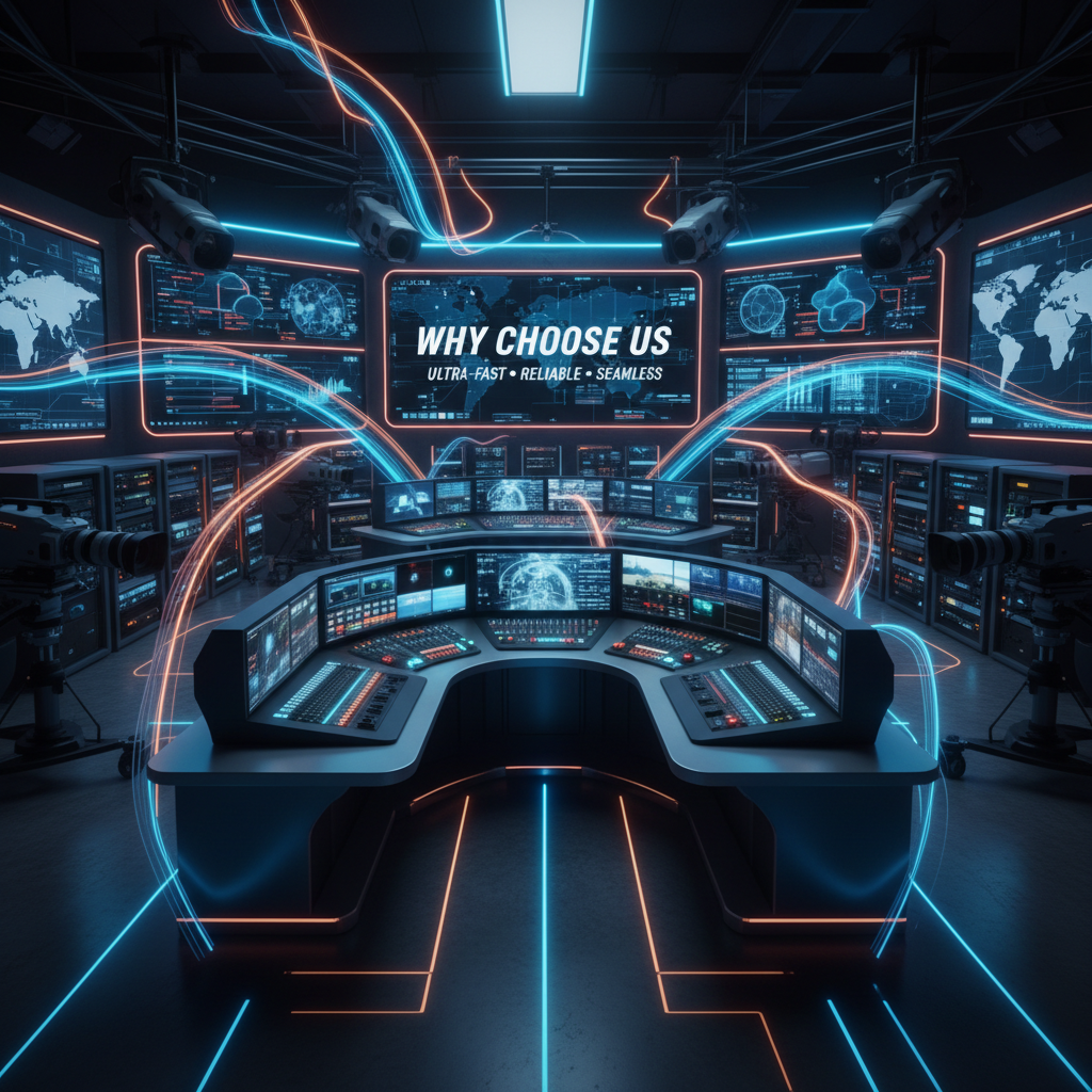 A premium and eye-catching square image (1200x1200) for a “Why Choose Us” section of a professional video, audio, and data transmission company. A futuristic broadcast studio environment with advanced cameras, HD switchers, audio consoles, encoders, wireless transmission equipment, and glowing monitors. Dynamic light trails and signal waves flowing through the scene to represent speed, reliability, and seamless connectivity. Cinematic lighting with deep shadows, neon blue and warm orange accents, modern hig