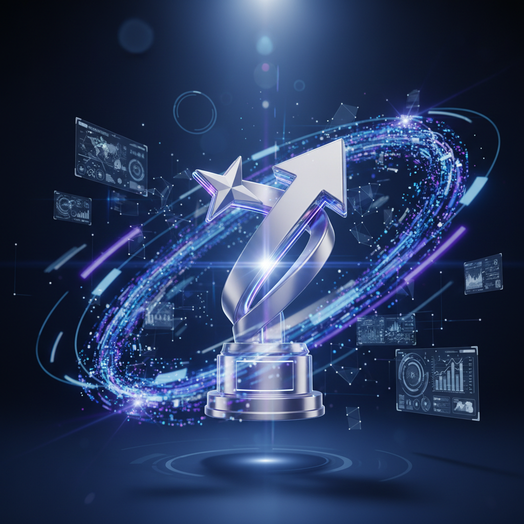 A square 1200x1200 visually striking image showing Goal using a futuristic trophy or success badge icon. Surrounded by digital light effects and modern broadcast technology elements, symbolizing performance, results, and excellence. High contrast lighting, modern corporate tech style, ultra-realistic, no text, no logo.